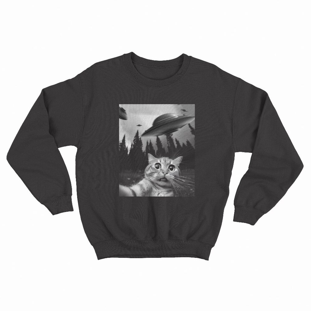 Funny Cat Selfie with UFOs Black Sweater